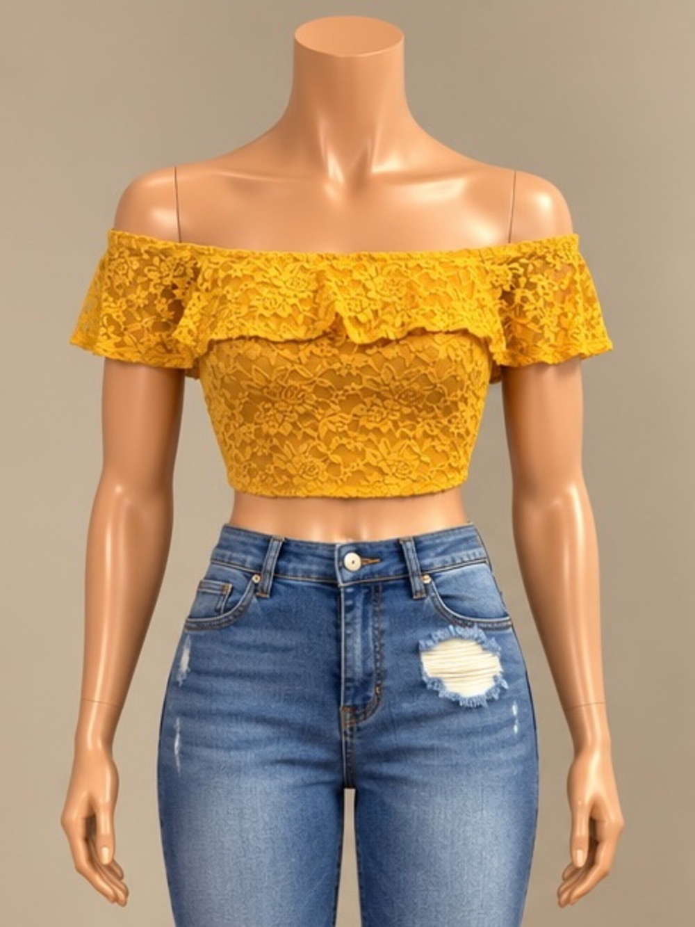 Forever 21 Mustard Floral Lace Off Shoulder Ruffle Crop Top Small